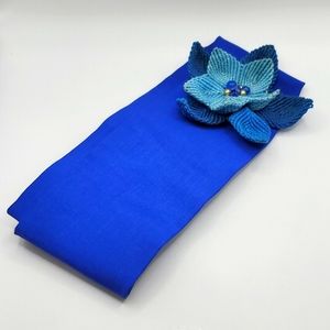 Blue Headband with Macrame Flower and Beads - Hamdmade by Columbian Artisan
